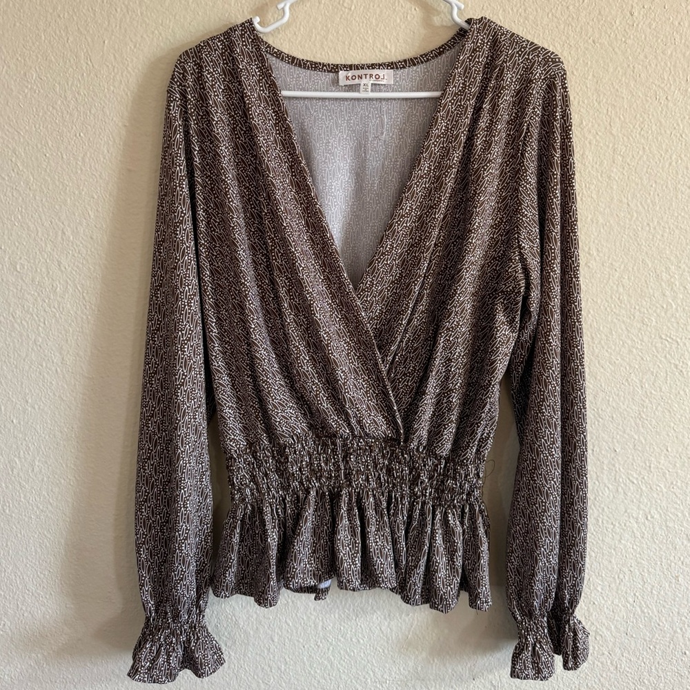 KONTROL Contemporary Women Brown And White Long Sleeve Blouse Size XL